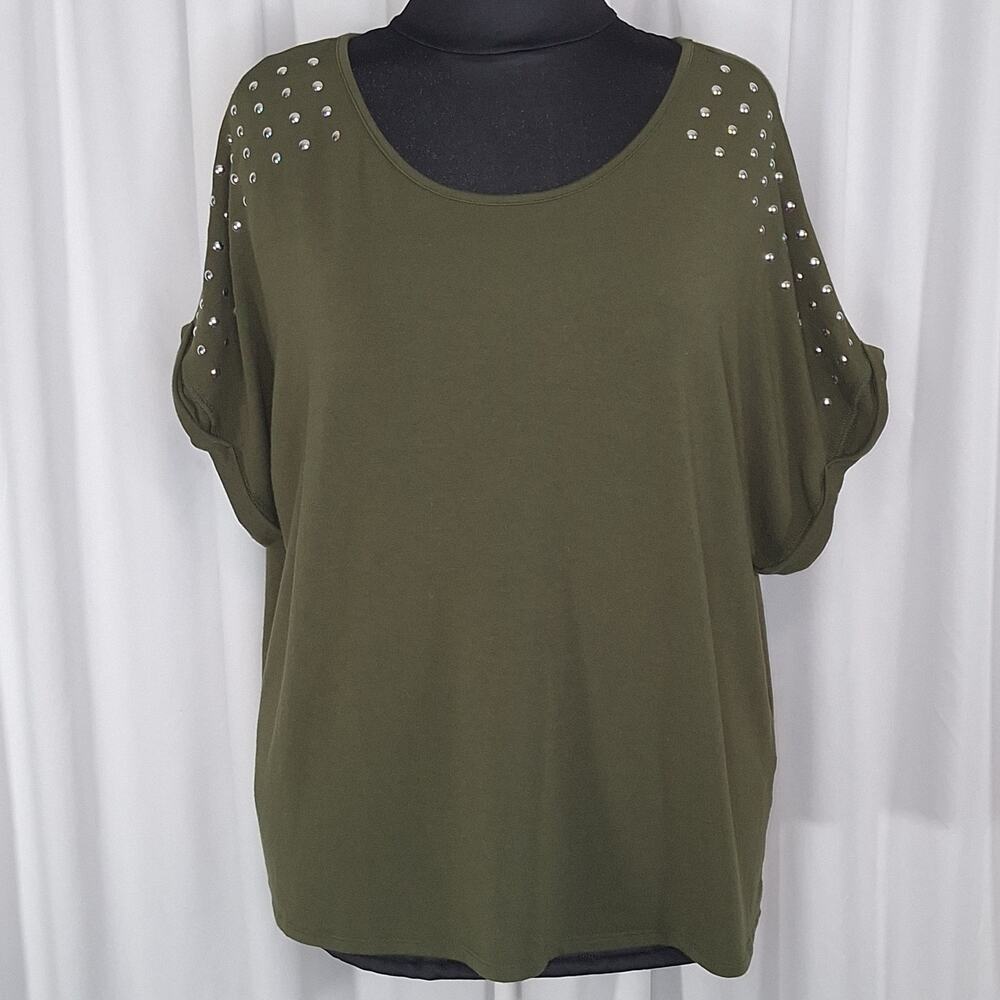 Belldini Olive Green Studded Top 3X Hi Low Dolman Sleeve Stretch Edgy Plus